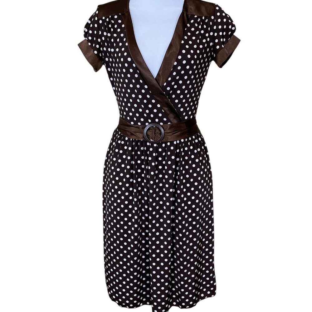 BolBou Short Puff Sleeve Faux Wrap V-Neck VTG Brown Polka Dot Midi Dress Sm